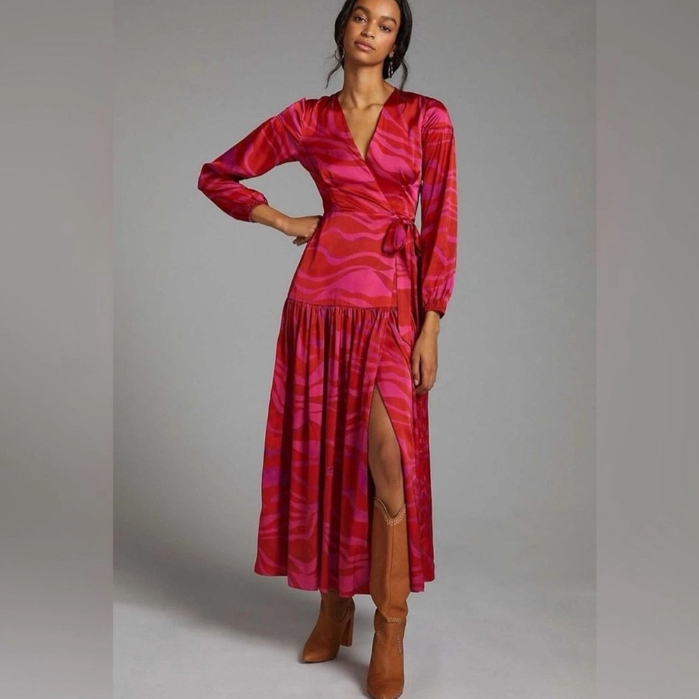 Anthropologie Hutch Maxi Dress Red Pink Wrap Boho Preppy Retro Vacay Size XS